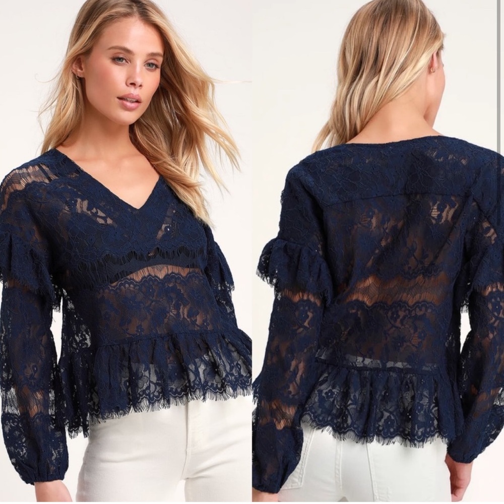 Lulu’s NWT racing hearts navy blue long sleeve lace blouse top eyelash lace